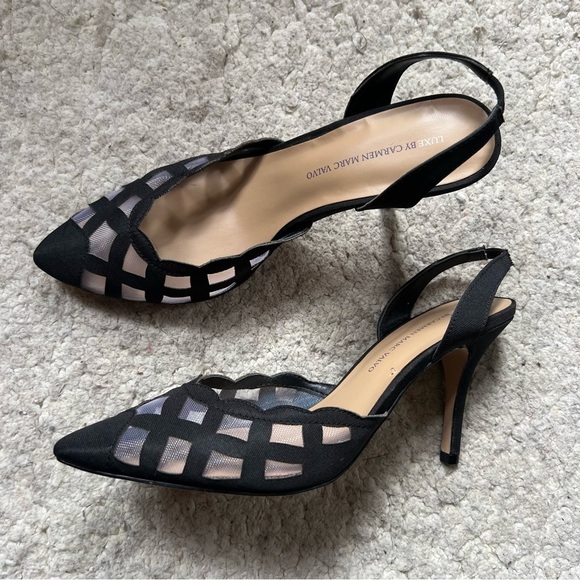 Carmen Marc Valvo Luxe Black "Teri" Mesh Sling Back Pointed Toe Pumps Size 8.5 - Picture 10 of 10